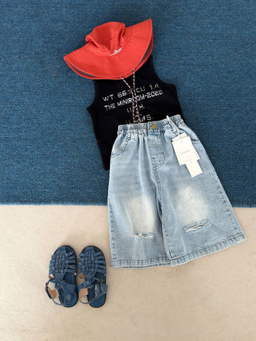 ダメージ加工 色落ちデニム クロップドワイドパンツ ストリート【mh0013701】 Denim Blue / 90cm cicikids デニムパンツ