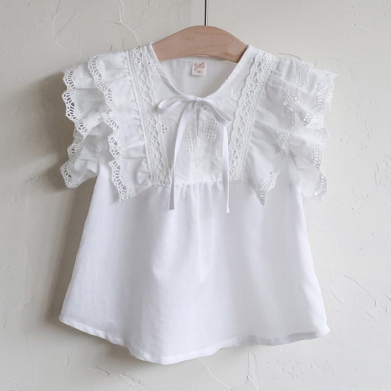 レースフリルディテール ラウンドネック フリルスリーブ ブラウス【mh0013724】 Off-White / 90cm Strawberry Coral 半袖シャツ・ブラウス