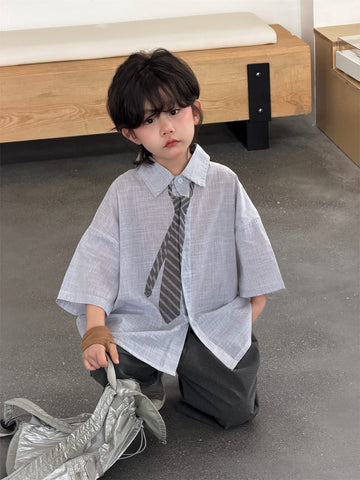 ストライプ ネクタイプリント 半袖シャツ【mh0013733】 Blue Gray / 90cm MEEGO JAM 半袖シャツ・ブラウス