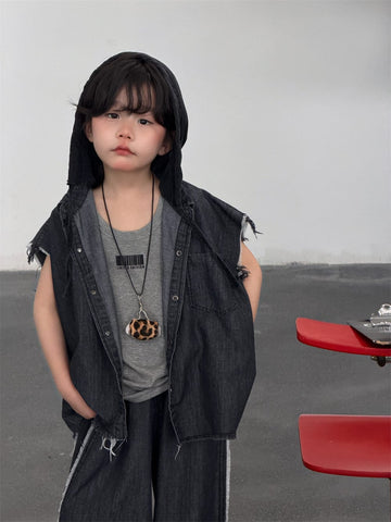 ダメージ ワイド ルーズ デニム フード ベスト ワイドパンツ セット【mh0013734】 Black / 90cm MEEGO JAM ノースリーブセットアップ