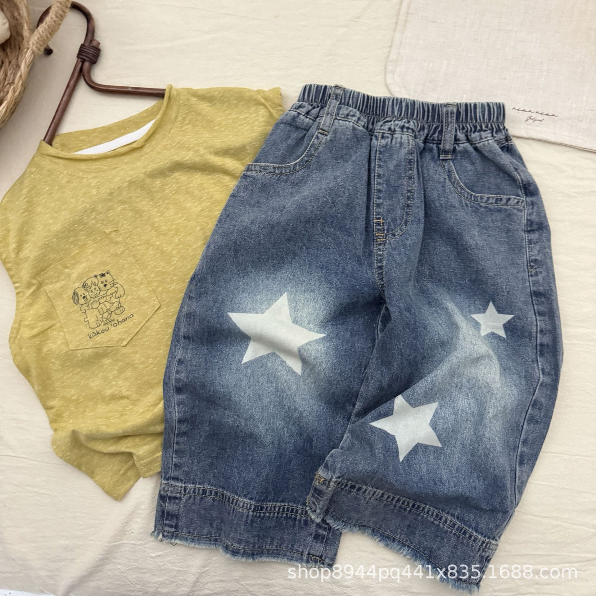 スタープリント ウォッシュドデニム ワイドパンツ【mh0013735】 Denim Blue / 90cm MEEGO JAM デニムパンツ