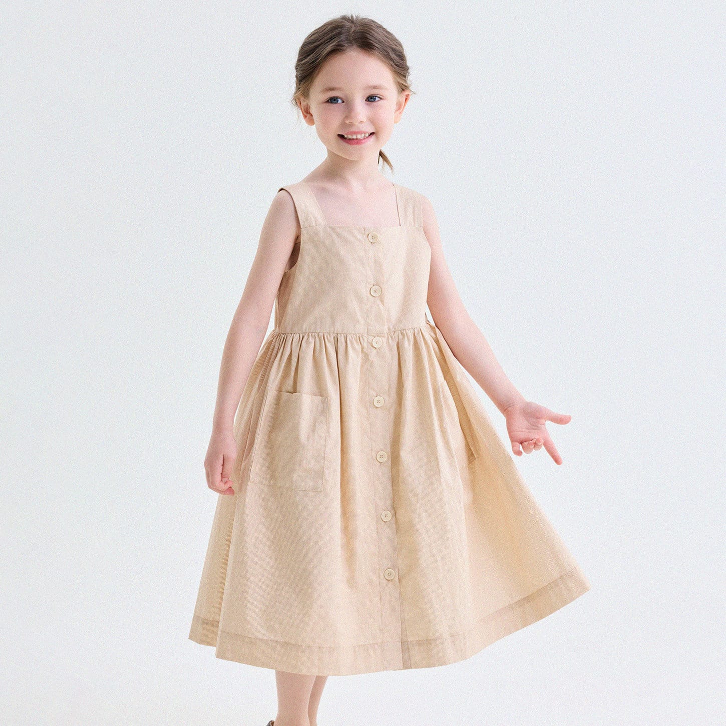 チェック柄 フロントボタン ポケット ノースリーブワンピース【mh0013744】 Beige / 90cm yunerma ノースリーブワンピース