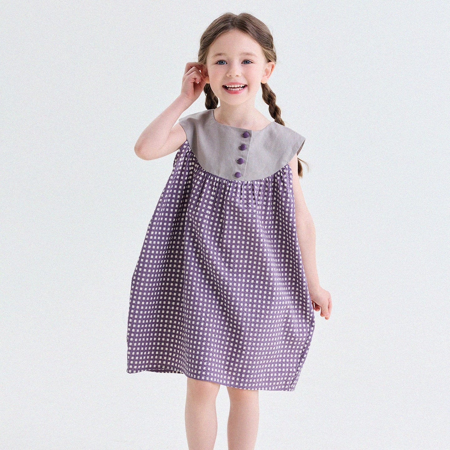 ギンガムチェック サッカー生地 配色ヨーク 包みボタン ノースリーブワンピース【mh0013749】 Purple / 90cm yunerma ノースリーブワンピース