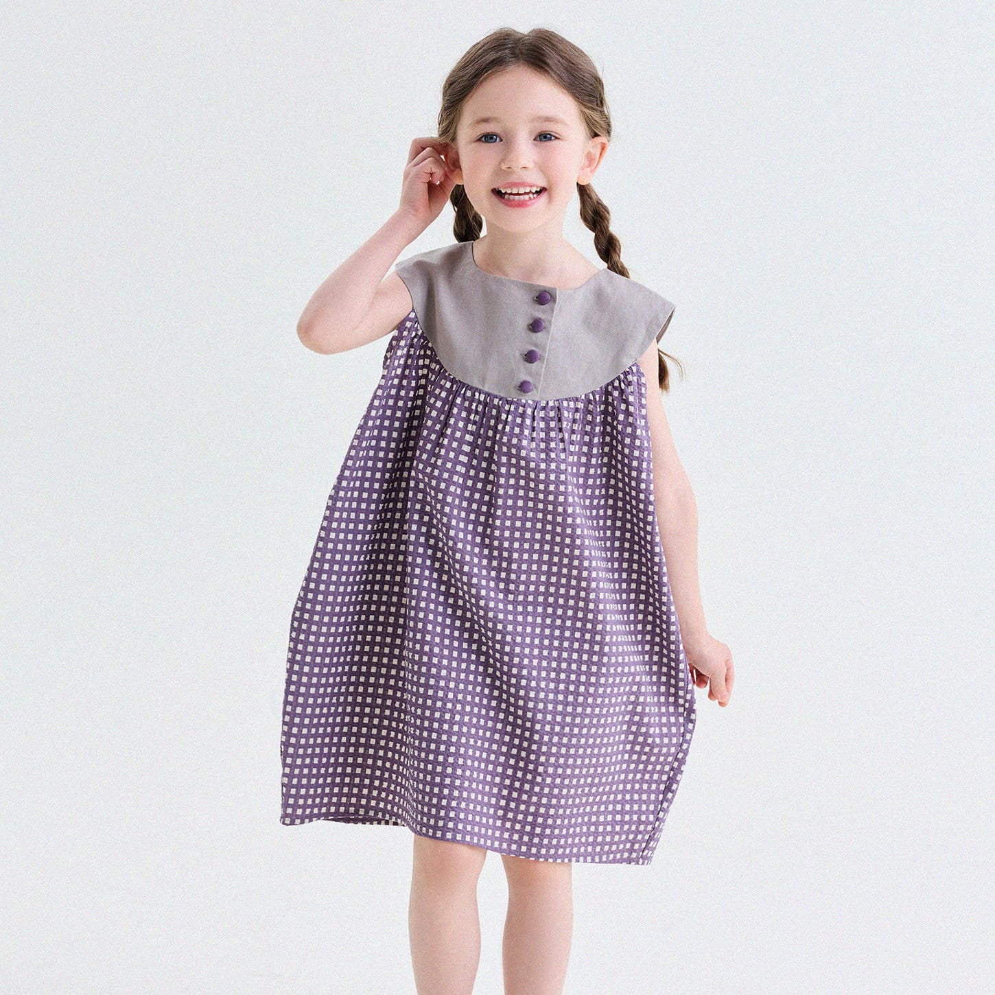 ギンガムチェック サッカー生地 配色ヨーク 包みボタン ノースリーブワンピース【mh0013749】 Purple / 90cm yunerma ノースリーブワンピース