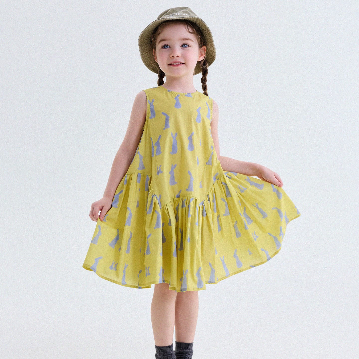 ウサギ ストライプ チェック コットン バルーンシルエット ノースリーブワンピース【mh0013754】 Yellow / 100cm yunerma ノースリーブワンピース