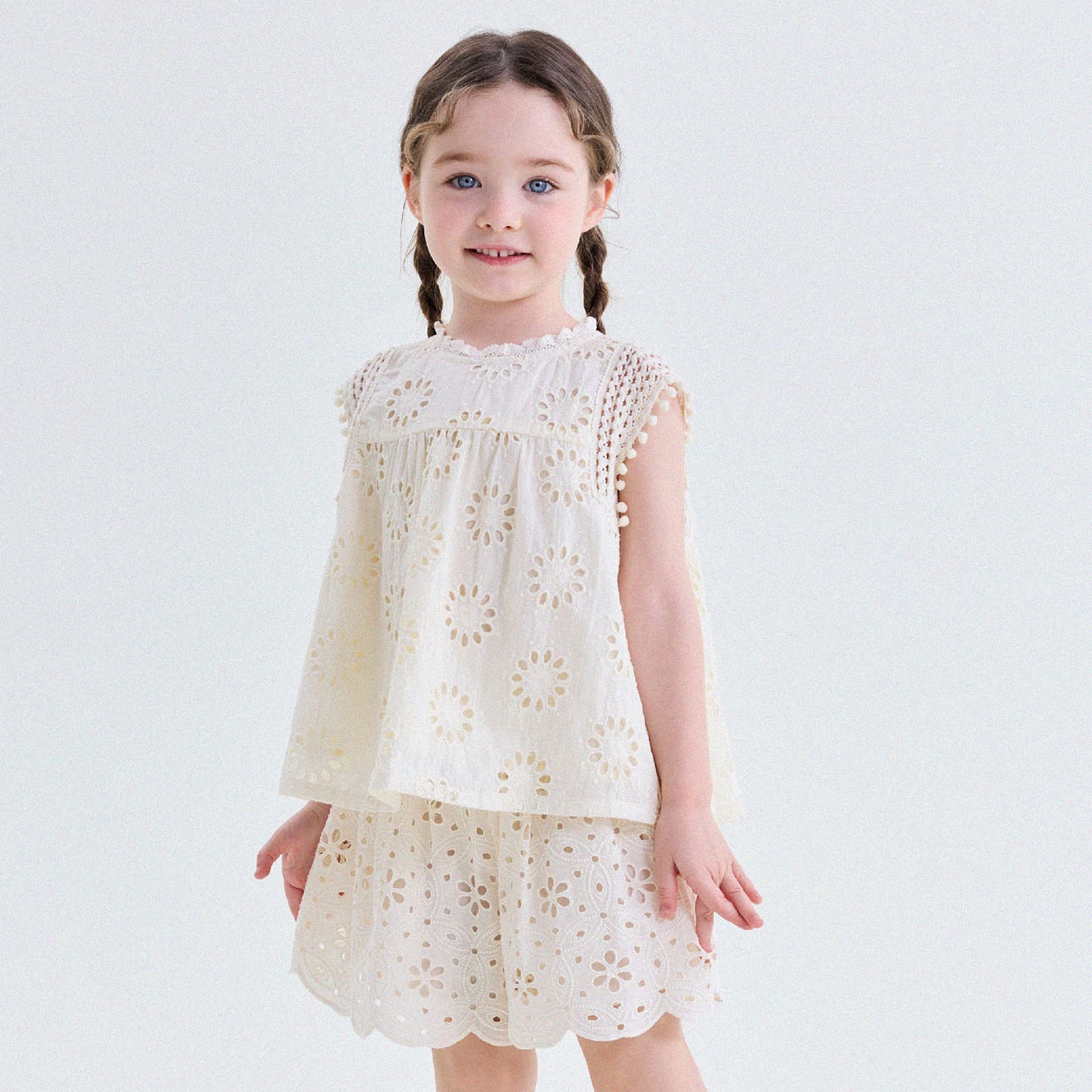 キッズ レース アイレット カットアウト フリル ノースリーブ タンクトップ ショートパンツ【mh0013755】 Apricot Tops / 90cm yunerma ノースリーブセットアップ