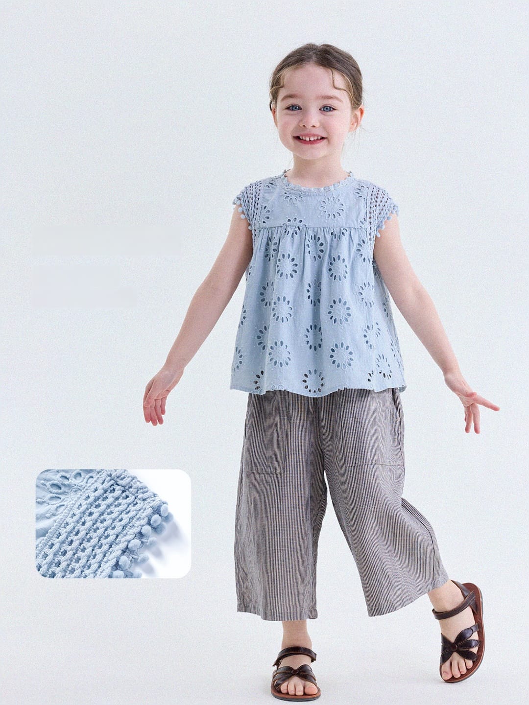 キッズ レース アイレット カットアウト フリル ノースリーブ タンクトップ ショートパンツ【mh0013755】 yunerma ノースリーブセットアップ
