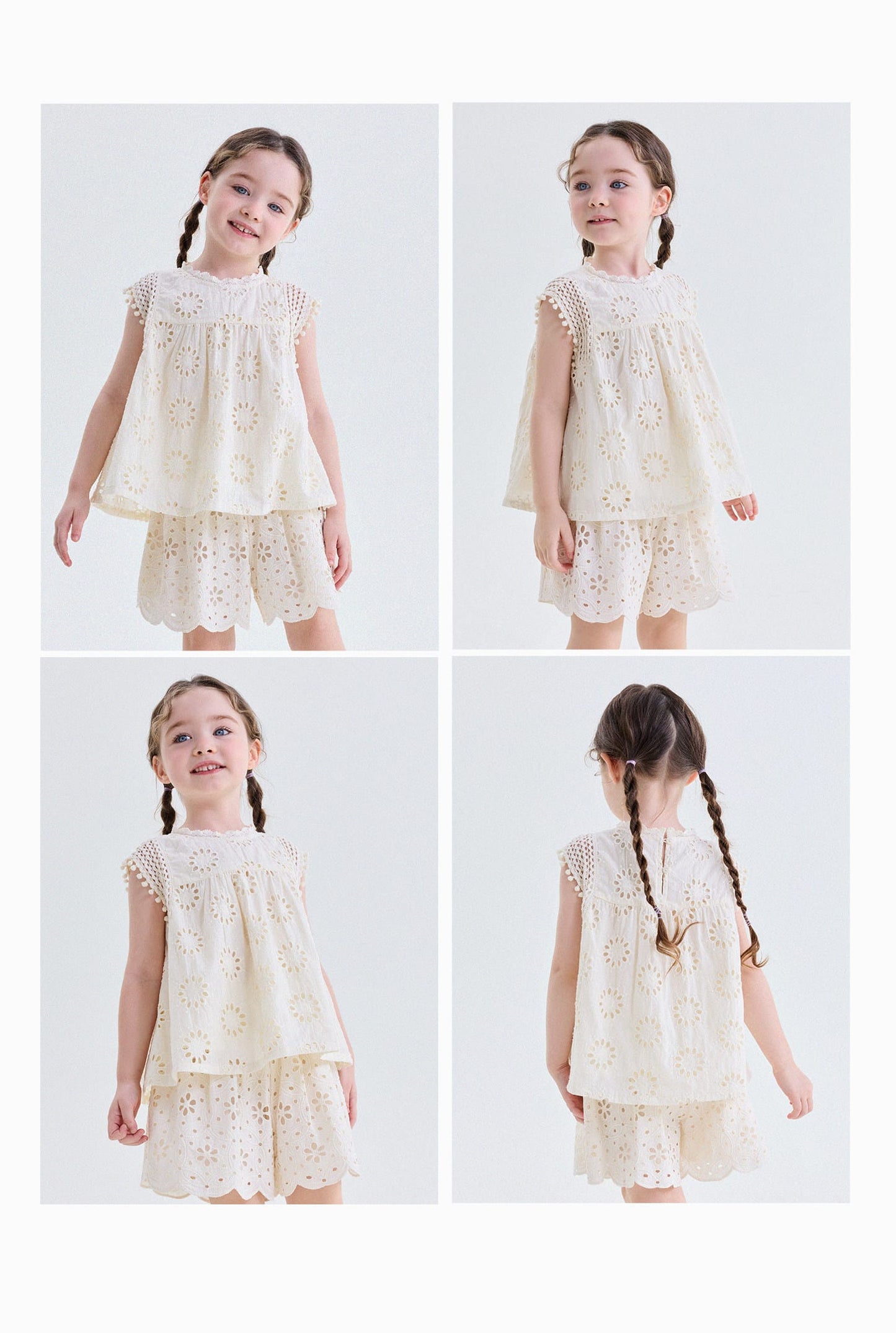 キッズ レース アイレット カットアウト フリル ノースリーブ タンクトップ ショートパンツ【mh0013755】 yunerma ノースリーブセットアップ