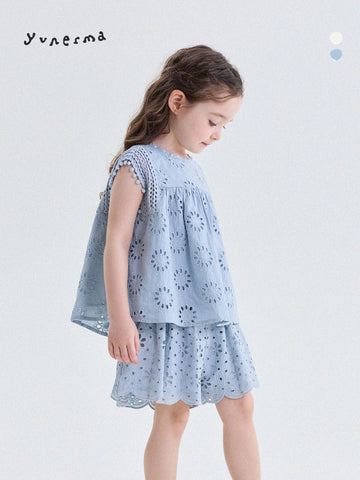 キッズ レース アイレット カットアウト フリル ノースリーブ タンクトップ ショートパンツ【mh0013755】 yunerma ノースリーブセットアップ