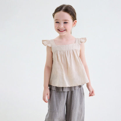 キッズ ノースリーブタンクトップ ベージュ フリル袖、前ボタン付き
