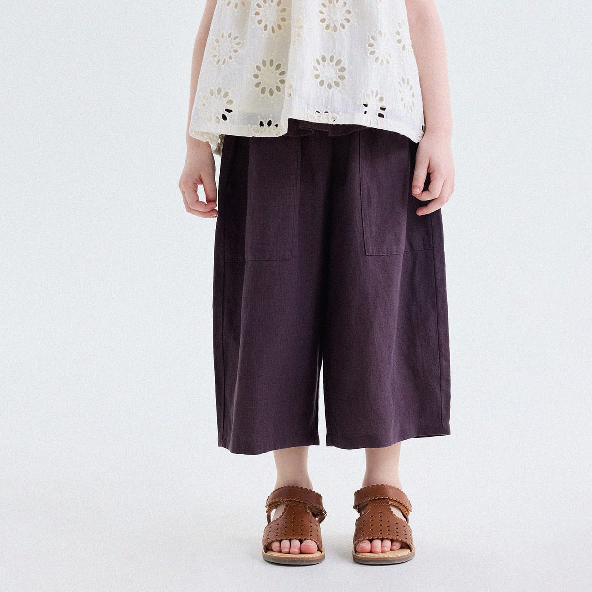 キッズ リネン ストライプ ルーズ クロップドパンツ【mh0013758】 Dark Purple / 90cm yunerma ロングパンツ・スウェットパンツ