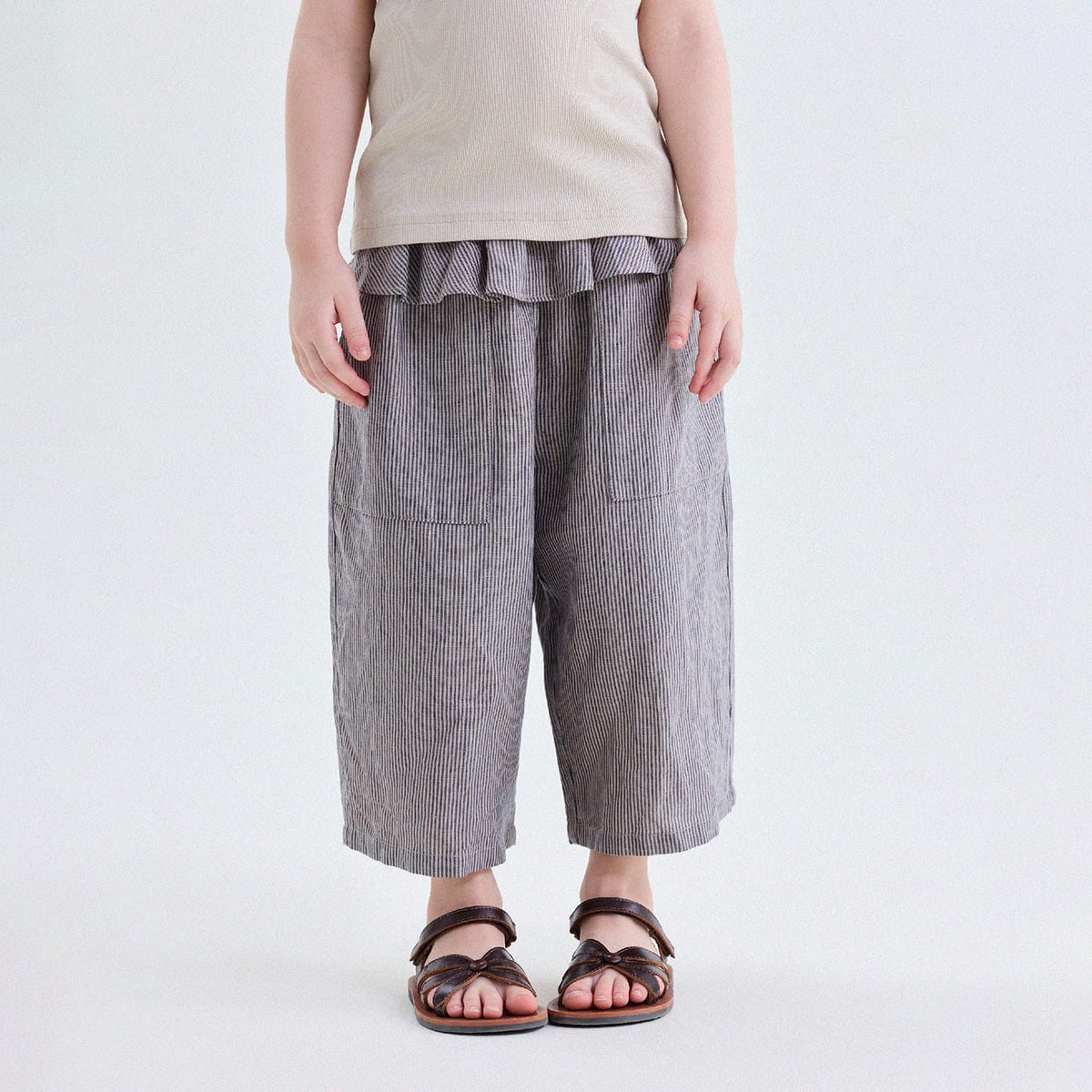 キッズ リネン ストライプ ルーズ クロップドパンツ【mh0013758】 Stripe / 90cm yunerma ロングパンツ・スウェットパンツ