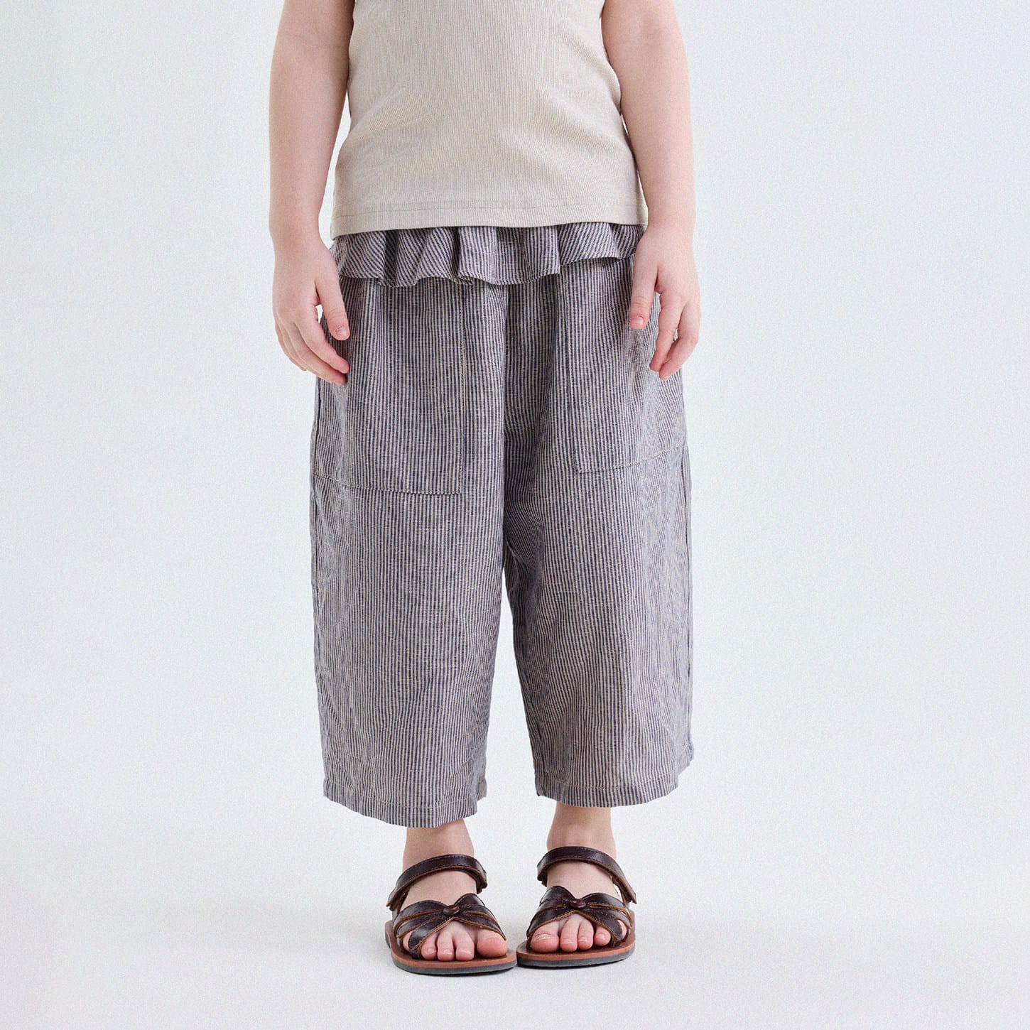 キッズ リネン ストライプ ルーズ クロップドパンツ【mh0013758】 Stripe / 90cm yunerma ロングパンツ・スウェットパンツ