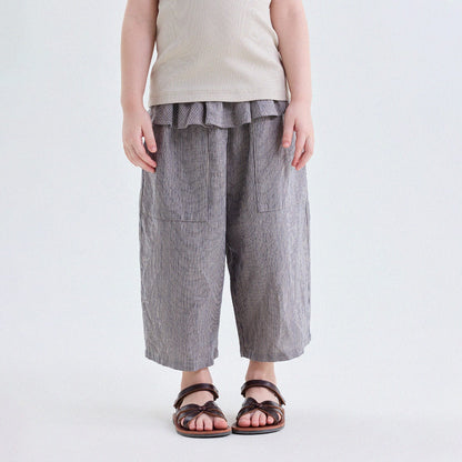 キッズ用リネン風ストライプのルーズクロップドパンツ、グレー系ワイド、ウエストゴム