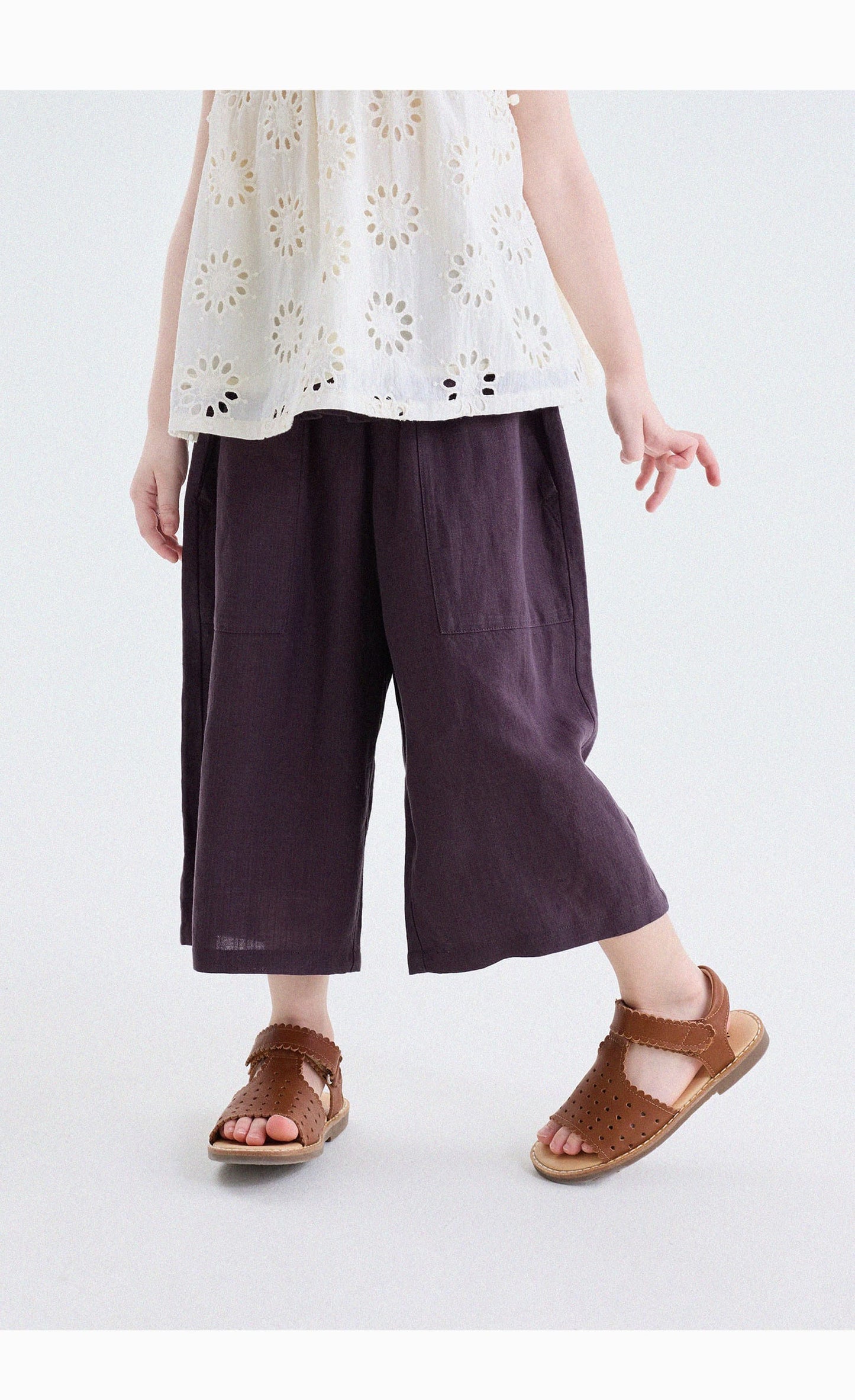 キッズ リネン ストライプ ルーズ クロップドパンツ【mh0013758】 yunerma ロングパンツ・スウェットパンツ