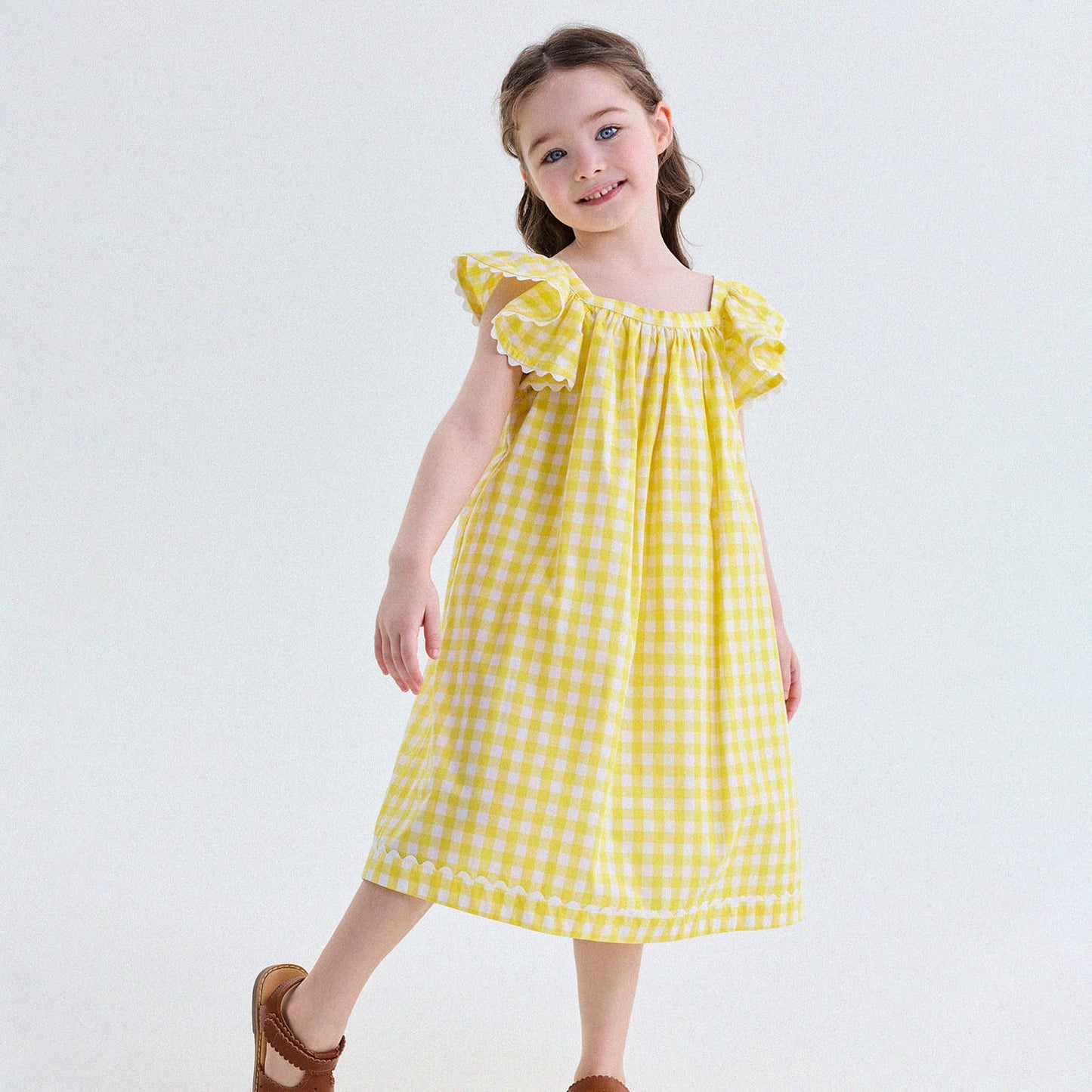 キッズ チェック柄 スクエアネック フリル袖 ノースリーブワンピース【mh0013766】 Yellow / 90cm yunerma 半袖ワンピース