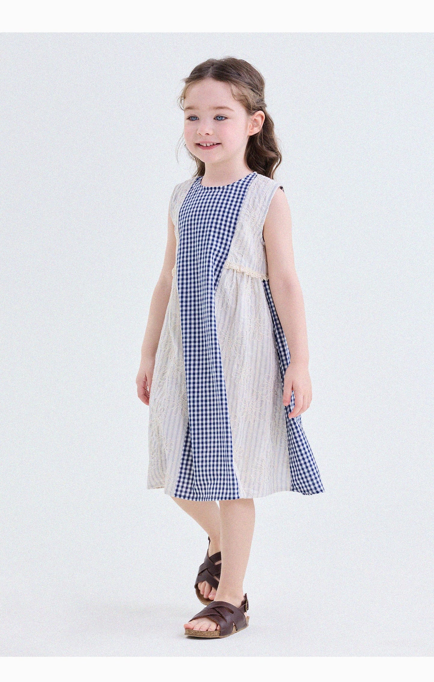 キッズ ギンガムチェック フラワー刺繍 配色デザイン ノースリーブワンピース【mh0013768】 yunerma ノースリーブワンピース