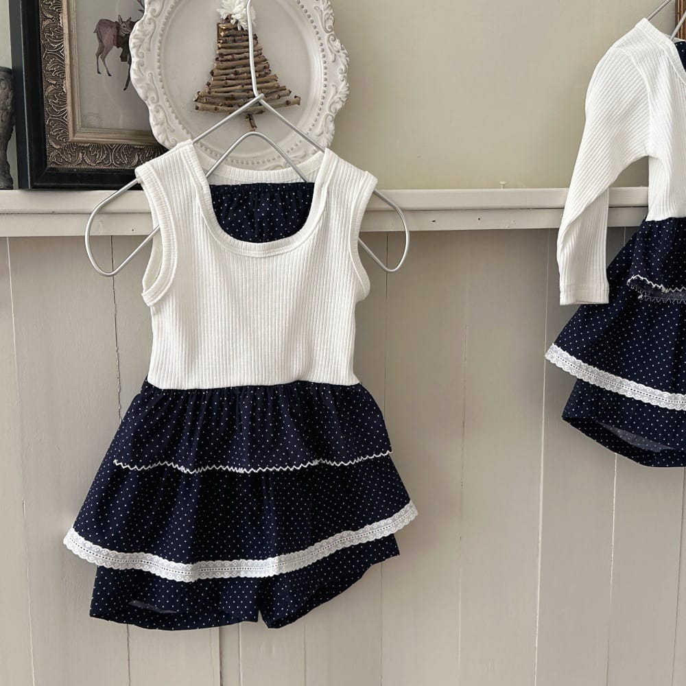 ドット柄切り替え ノースリーブ タンクトップ ドット柄 レース付き ショートパンツ【mh0013781】 mamahalo kids ノースリーブセットアップ