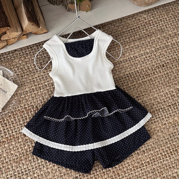 ドット柄切り替え ノースリーブ タンクトップ ドット柄 レース付き ショートパンツ【mh0013781】 mamahalo kids ノースリーブセットアップ