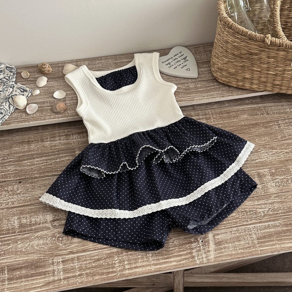 ドット柄切り替え ノースリーブ タンクトップ ドット柄 レース付き ショートパンツ【mh0013781】 mamahalo kids ノースリーブセットアップ
