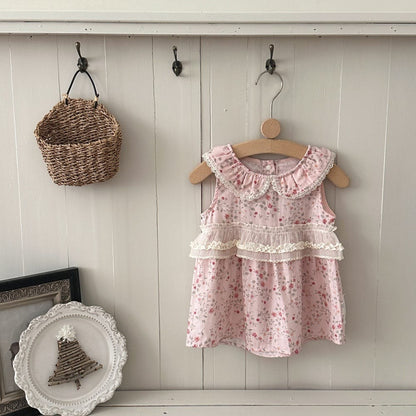 ベビー用ピンク花柄ティアードノースリーブワンピース（ハンガー掛け）
