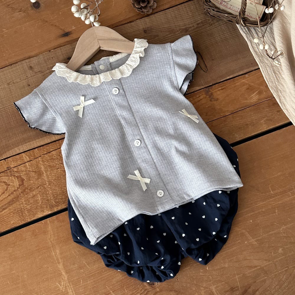 リブ レースカラー リボン バルーンシルエット 半袖トップス ショートパンツ セット【mh0013794】 mamahalo kids 半袖セットアップ