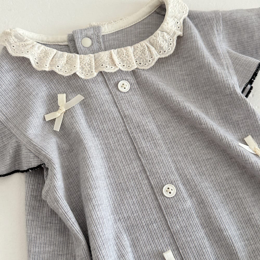 リブ レースカラー リボン バルーンシルエット 半袖トップス ショートパンツ セット【mh0013794】 mamahalo kids 半袖セットアップ