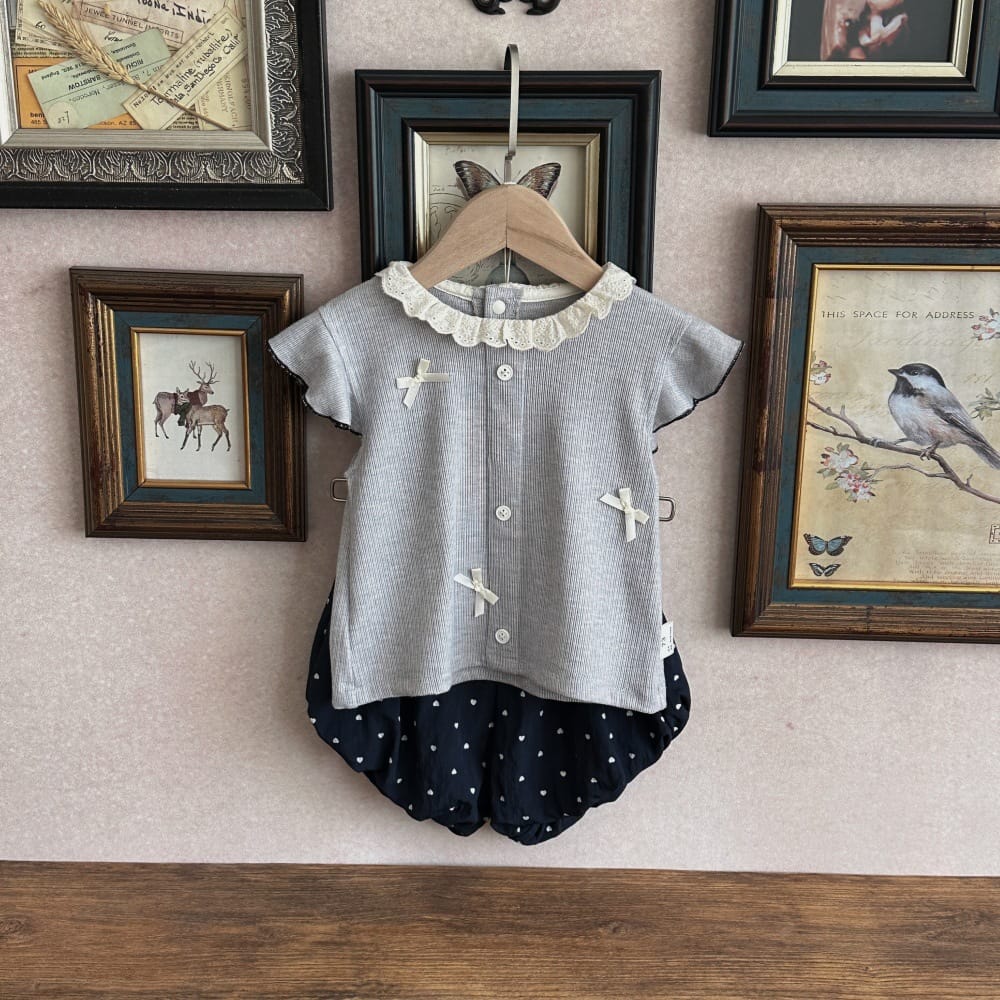 リブ レースカラー リボン バルーンシルエット 半袖トップス ショートパンツ セット【mh0013794】 mamahalo kids 半袖セットアップ