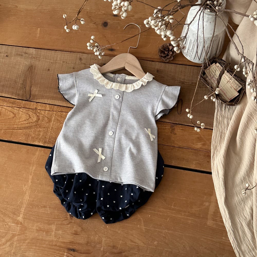リブ レースカラー リボン バルーンシルエット 半袖トップス ショートパンツ セット【mh0013794】 mamahalo kids 半袖セットアップ