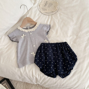 リブ レースカラー リボン バルーンシルエット 半袖トップス ショートパンツ セット【mh0013794】 mamahalo kids 半袖セットアップ