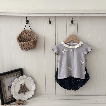 リブ レースカラー リボン バルーンシルエット 半袖トップス ショートパンツ セット【mh0013794】 mamahalo kids 半袖セットアップ