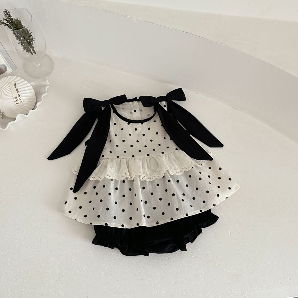 ドット リボン レースカラー ノースリーブ チュニック ショートパンツ セット ワンピース【mh0013795】 mamahalo kids ノースリーブセットアップ
