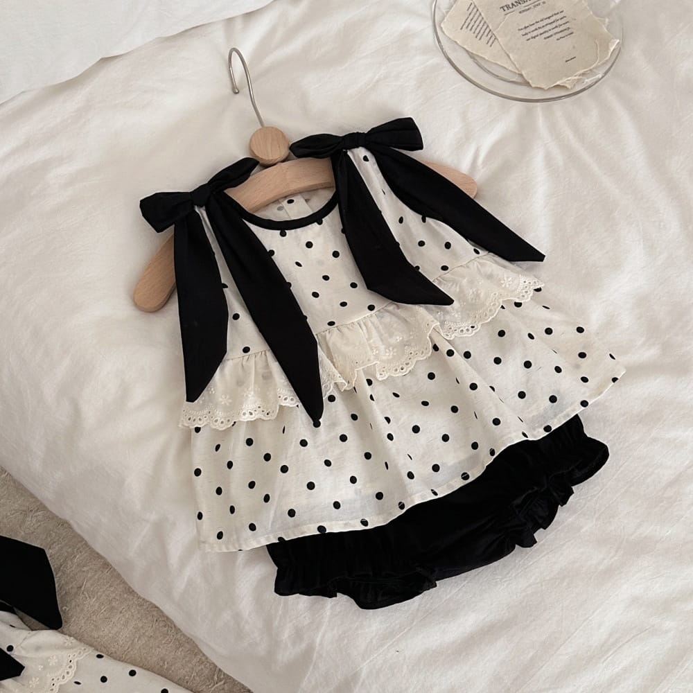 ドット リボン レースカラー ノースリーブ チュニック ショートパンツ セット ワンピース【mh0013795】 mamahalo kids ノースリーブセットアップ