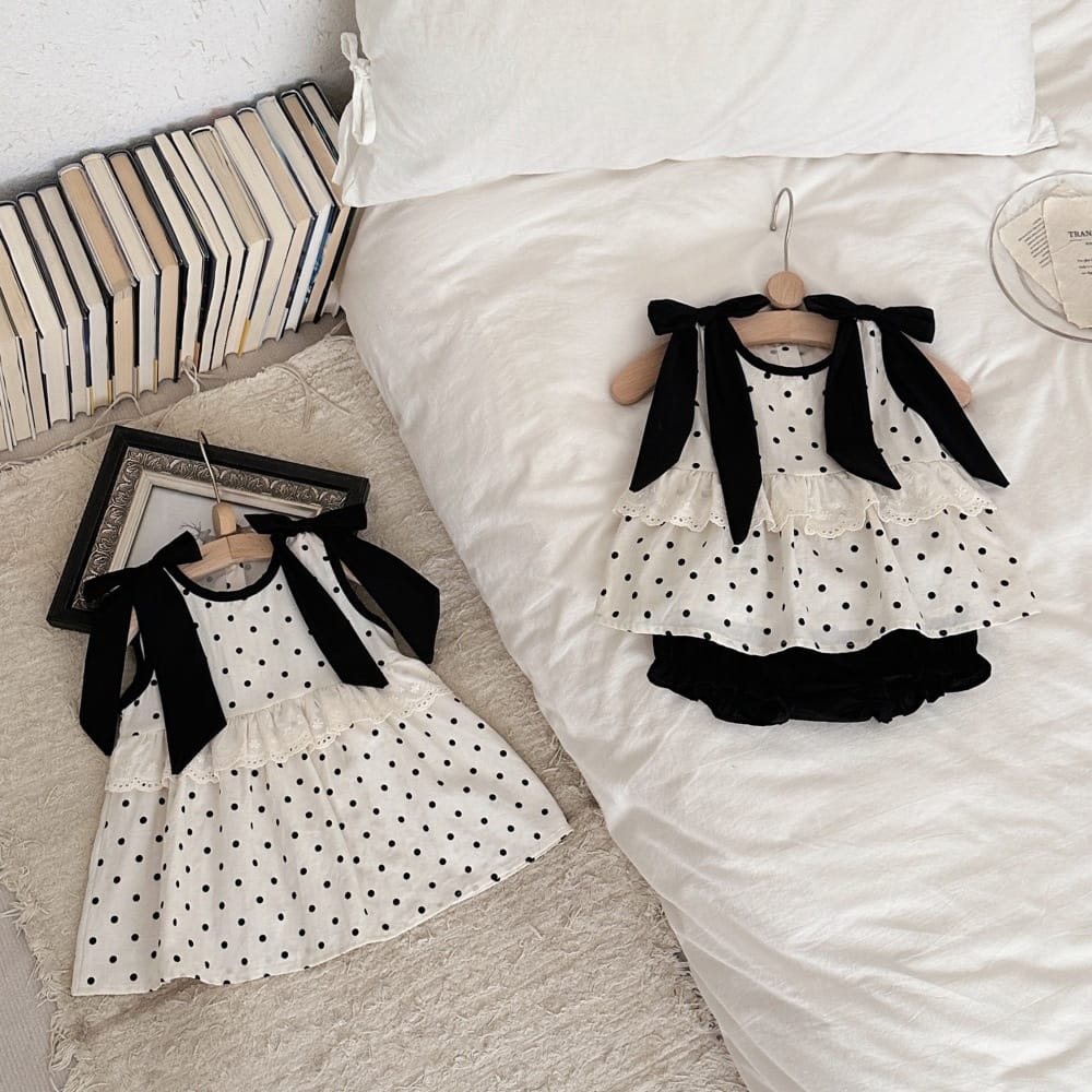 ドット リボン レースカラー ノースリーブ チュニック ショートパンツ セット ワンピース【mh0013795】 mamahalo kids ノースリーブセットアップ