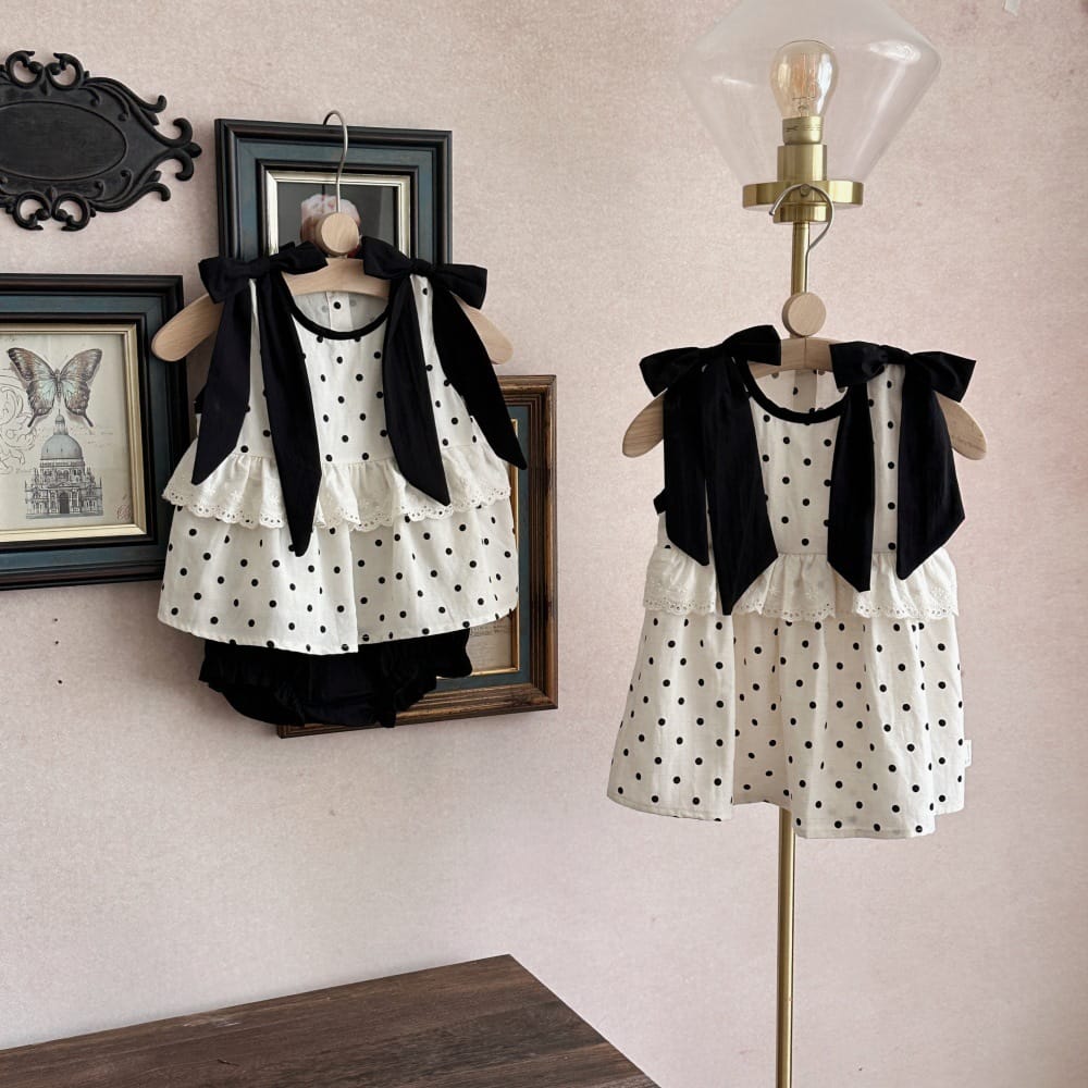 ドット リボン レースカラー ノースリーブ チュニック ショートパンツ セット ワンピース【mh0013795】 mamahalo kids ノースリーブセットアップ