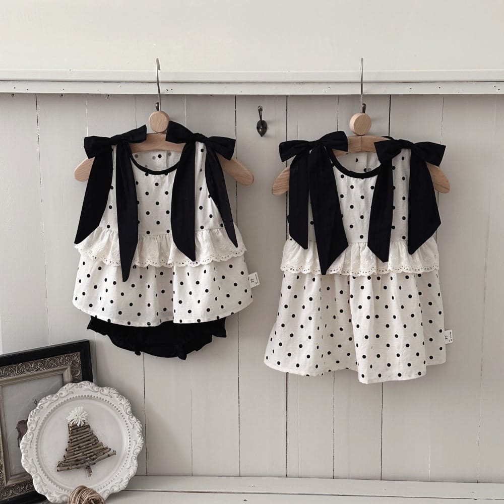 ドット リボン レースカラー ノースリーブ チュニック ショートパンツ セット ワンピース【mh0013795】 mamahalo kids ノースリーブセットアップ