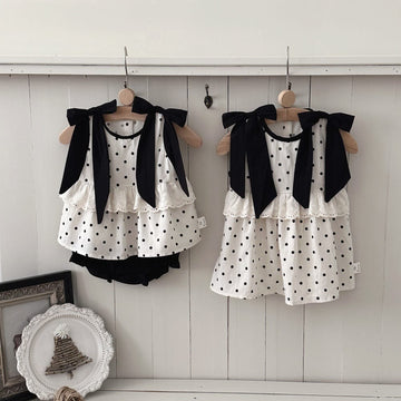 ドット リボン レースカラー ノースリーブ チュニック ショートパンツ セット ワンピース【mh0013795】 mamahalo kids ノースリーブセットアップ