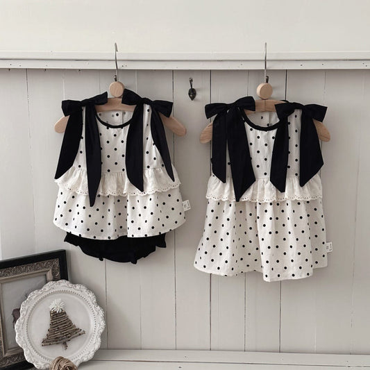 ドット リボン レースカラー ノースリーブ チュニック ショートパンツ セット ワンピース【mh0013795】 mamahalo kids ノースリーブセットアップ
