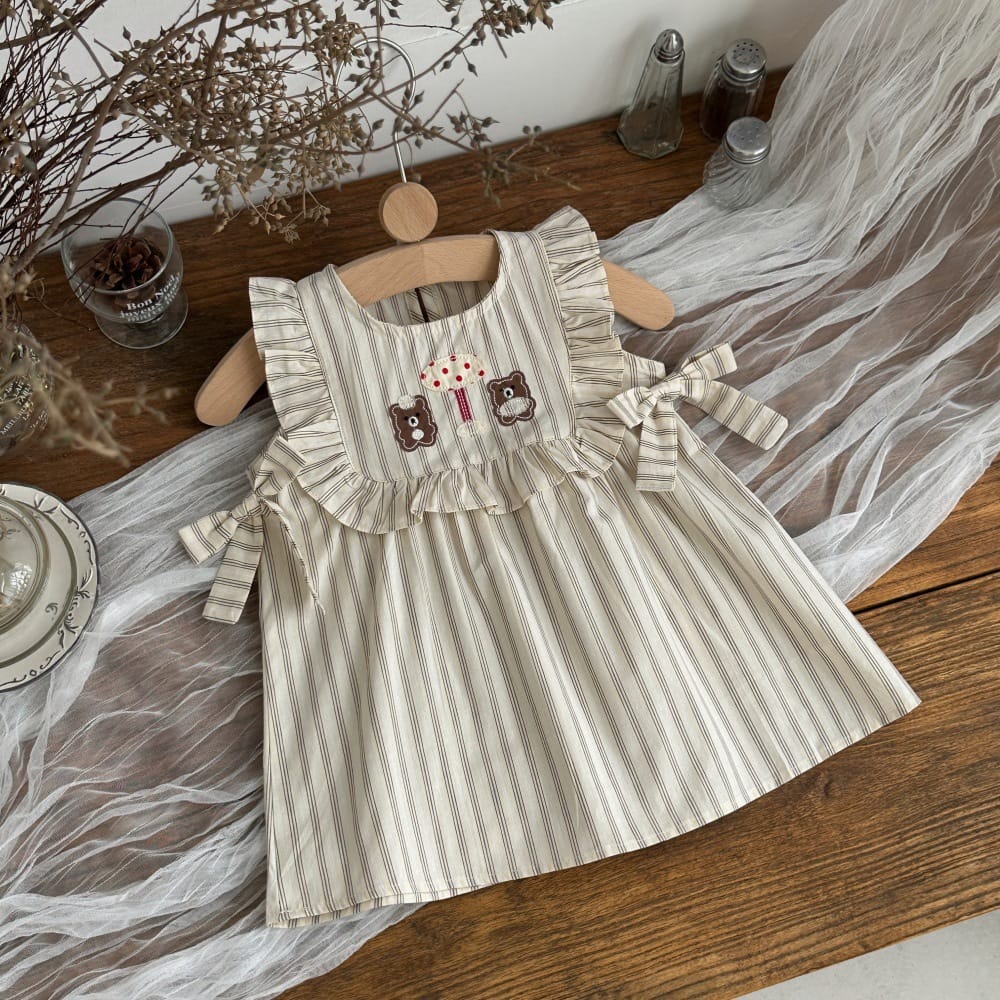 ストライプ ベア 刺繍 リボン フリル ノースリーブワンピース【mh0013797】 Light Coffee / 73cm mamahalo kids ノースリーブワンピース