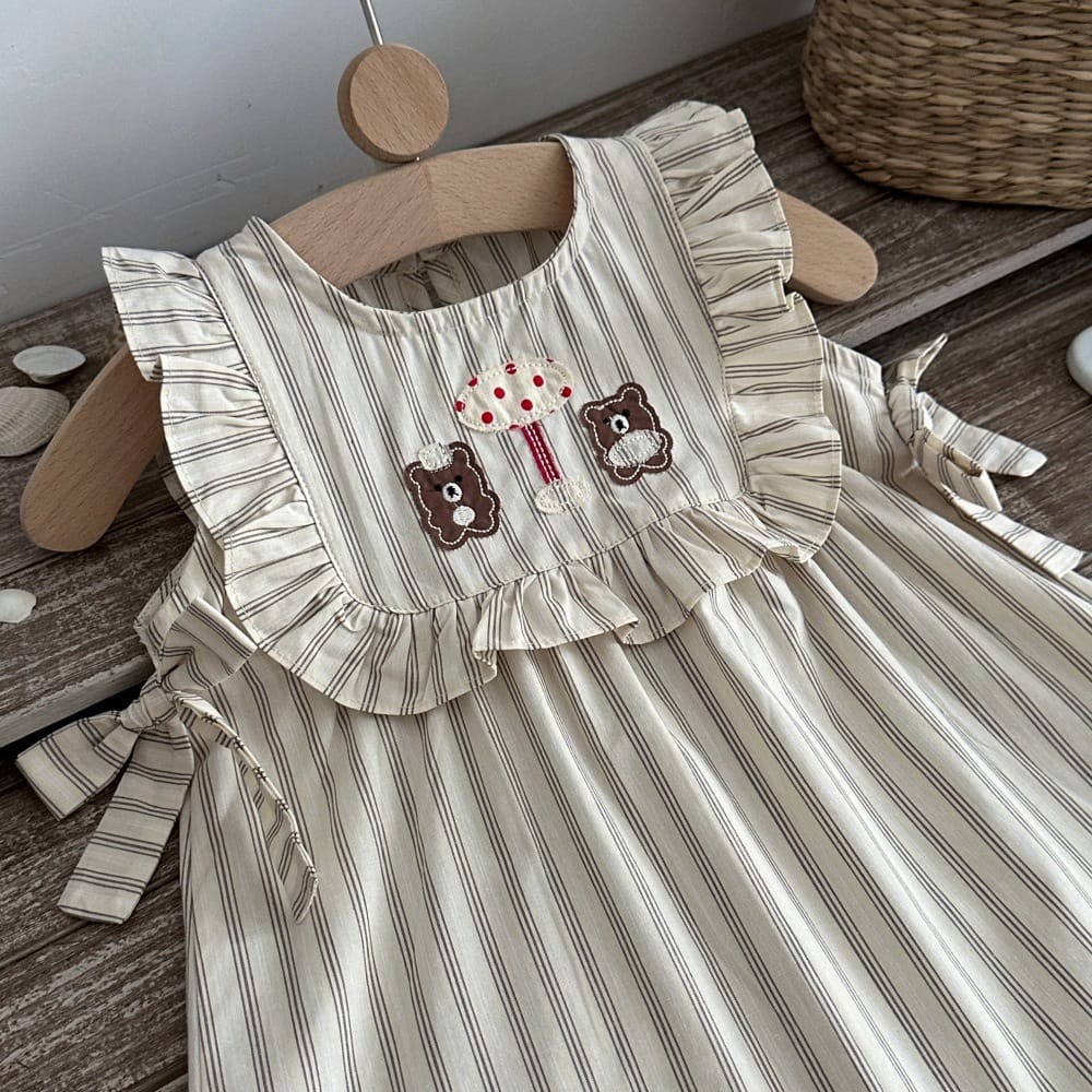 ストライプ ベア 刺繍 リボン フリル ノースリーブワンピース【mh0013797】 mamahalo kids ノースリーブワンピース