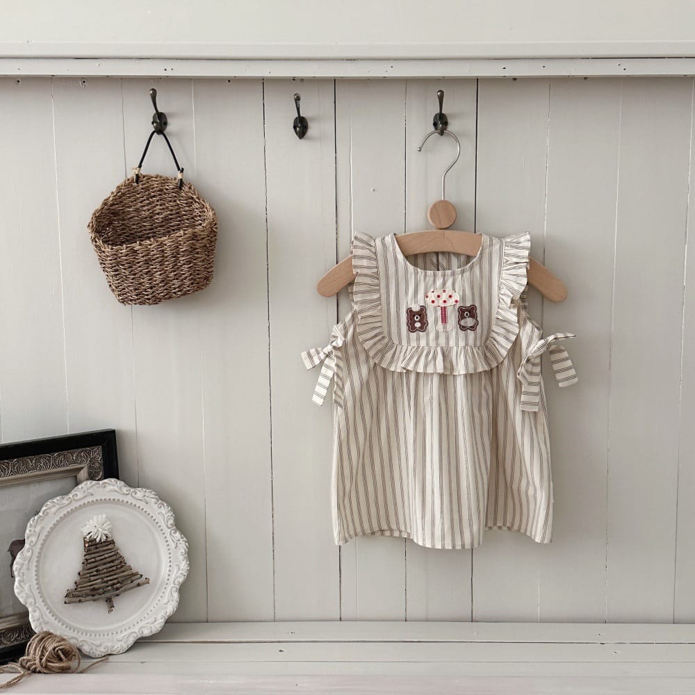 ストライプ ベア 刺繍 リボン フリル ノースリーブワンピース【mh0013797】 mamahalo kids ノースリーブワンピース
