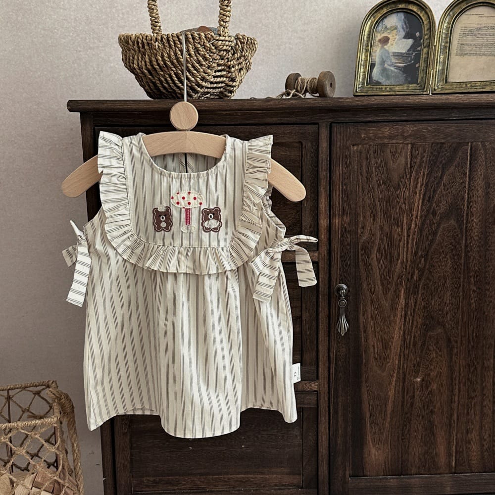 ストライプ ベア 刺繍 リボン フリル ノースリーブワンピース【mh0013797】 mamahalo kids ノースリーブワンピース
