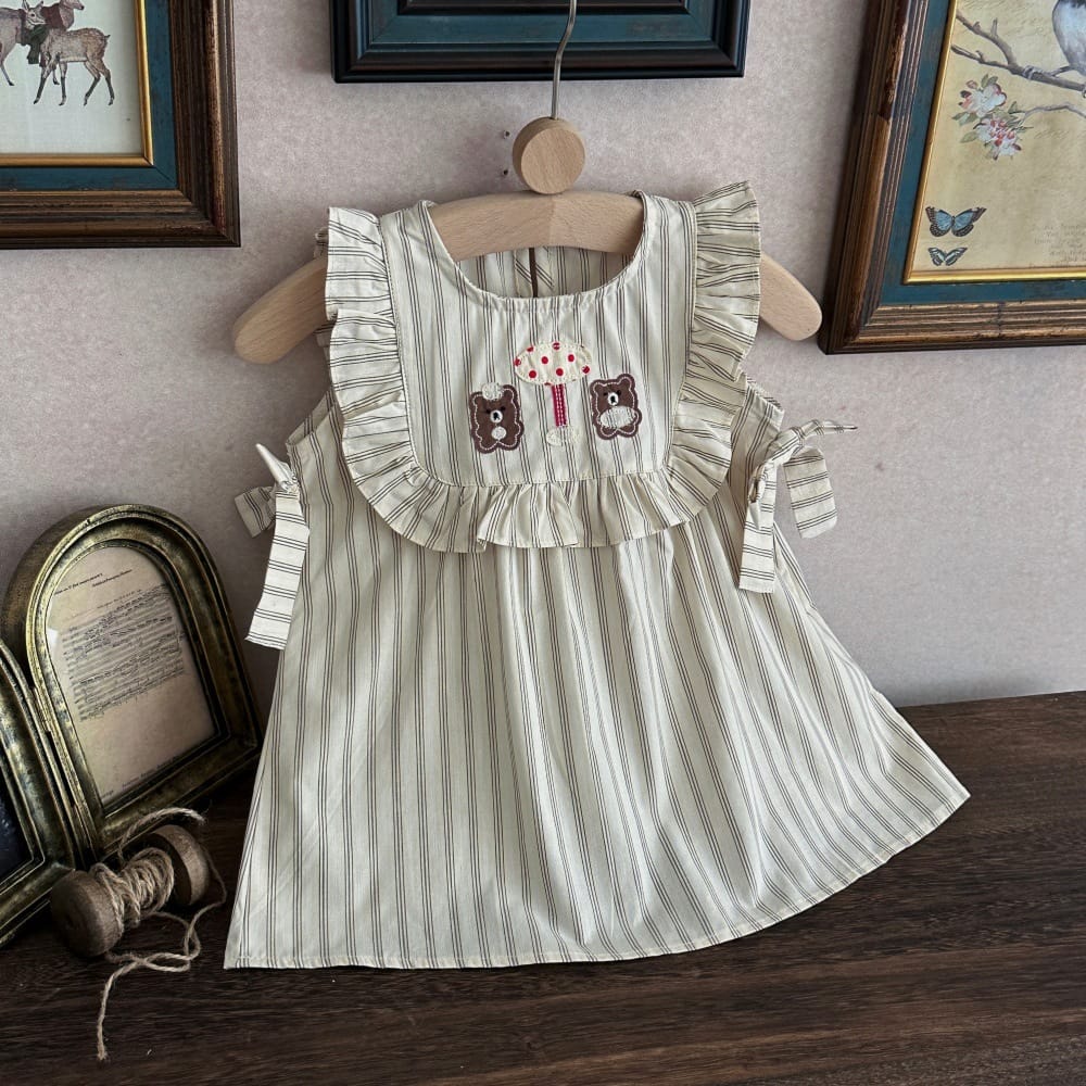 ストライプ ベア 刺繍 リボン フリル ノースリーブワンピース【mh0013797】 mamahalo kids ノースリーブワンピース