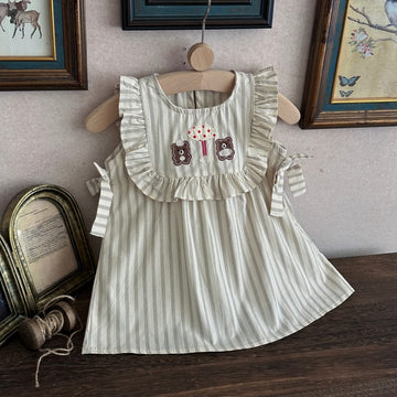 ストライプ ベア 刺繍 リボン フリル ノースリーブワンピース【mh0013797】 mamahalo kids ノースリーブワンピース