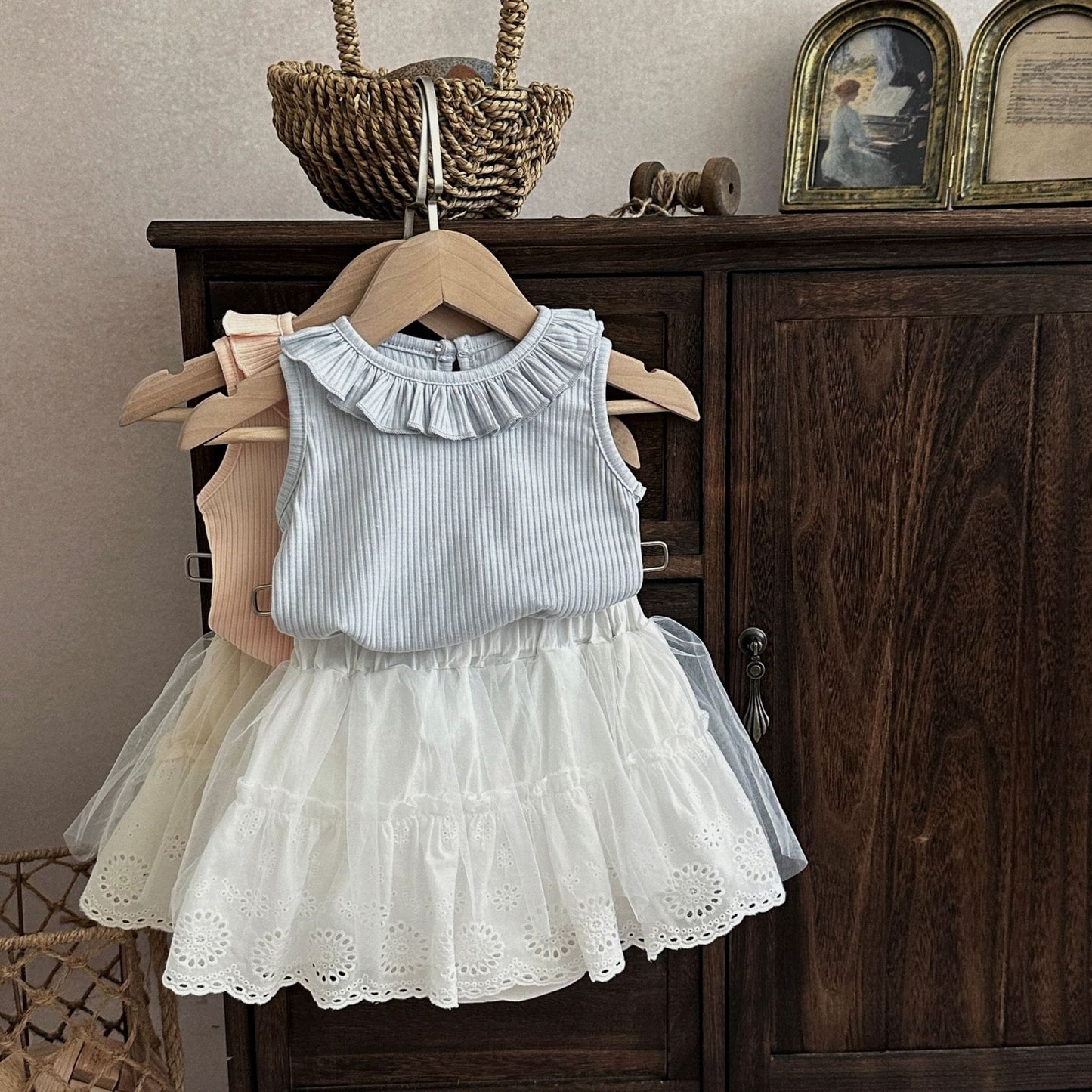 フリルカラー リブタンクトップ チュール スカートパンツ【mh0013801】 mamahalo kids ノースリーブセットアップ