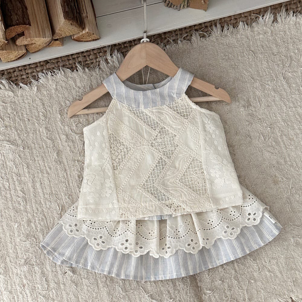 ストライプ レース シフォン ノースリーブトップス ティアードスカート セット【mh0013808】 mamahalo kids ノースリーブセットアップ