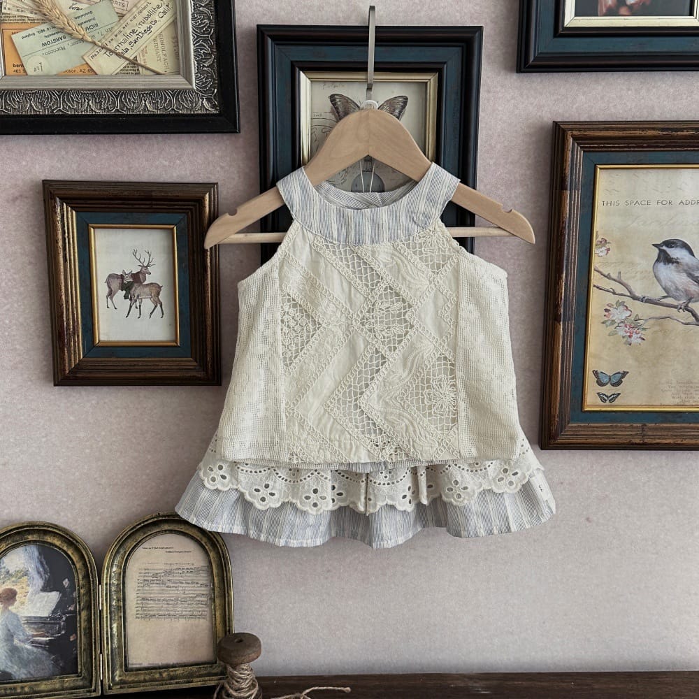 ストライプ レース シフォン ノースリーブトップス ティアードスカート セット【mh0013808】 mamahalo kids ノースリーブセットアップ