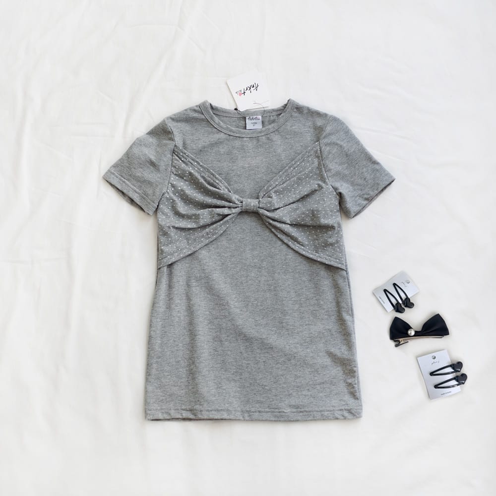キッズ ドット柄 フロントリボン 半袖ワンピース【mh0013816】 Gray / 90cm ANKRT 半袖ワンピース