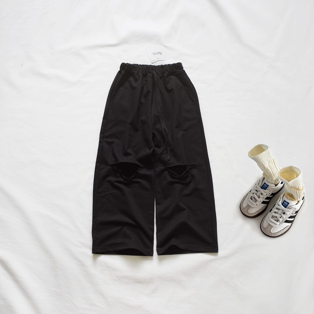 キッズ ダメージ ワイド ウエストコード スウェットパンツ【mh0013822】 Black / 100cm ANKRT ロングパンツ・スウェットパンツ