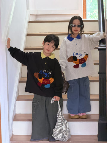 キッズ アニマル 刺繍 バイカラー ポロカラー 長袖スウェットシャツ【mh0013909】 KUMAI.KIDS 長袖シャツ・ブラウス